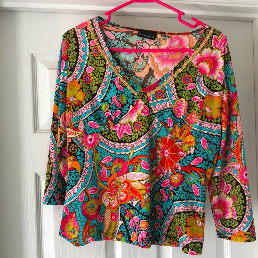 3/4 sleeve soft polyester top, pretty peacock colors with gold neck trim